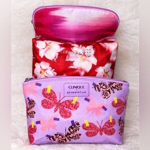 Clinique Cosmetic Bag Bundle Set 3 Collab Makeup Pouches Floral Butterfly Pink